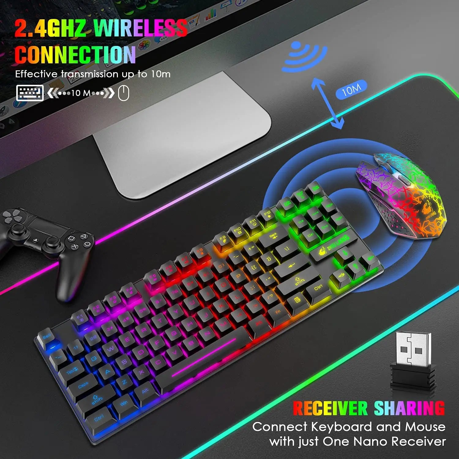 Wireless Gaming Keyboard and Mouse Combo, Rainbow Backlit, Rechargeable 3800mAh Battery, 87 Keys Mechanical Feel