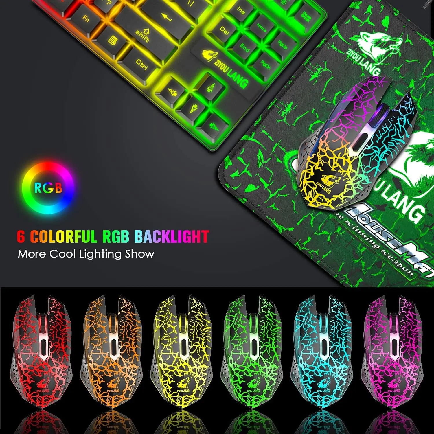 Wireless Gaming Keyboard and Mouse Combo, Rainbow Backlit, Rechargeable 3800mAh Battery, 87 Keys Mechanical Feel