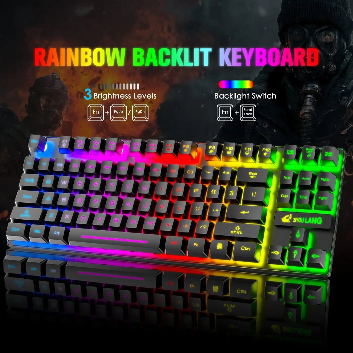 Wireless Gaming Keyboard and Mouse Combo, Rainbow Backlit, Rechargeable 3800mAh Battery, 87 Keys Mechanical Feel