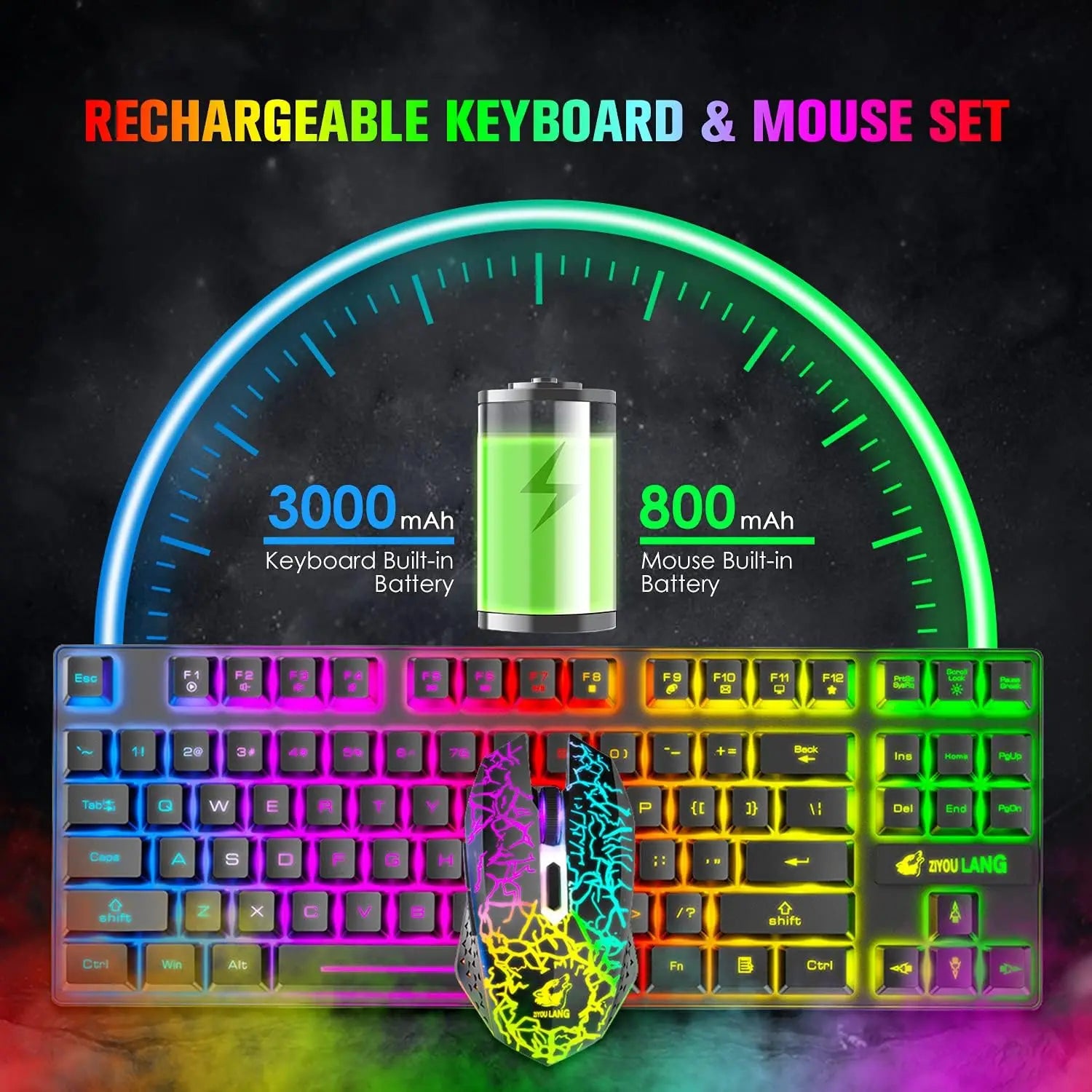 Wireless Gaming Keyboard and Mouse Combo, Rainbow Backlit, Rechargeable 3800mAh Battery, 87 Keys Mechanical Feel