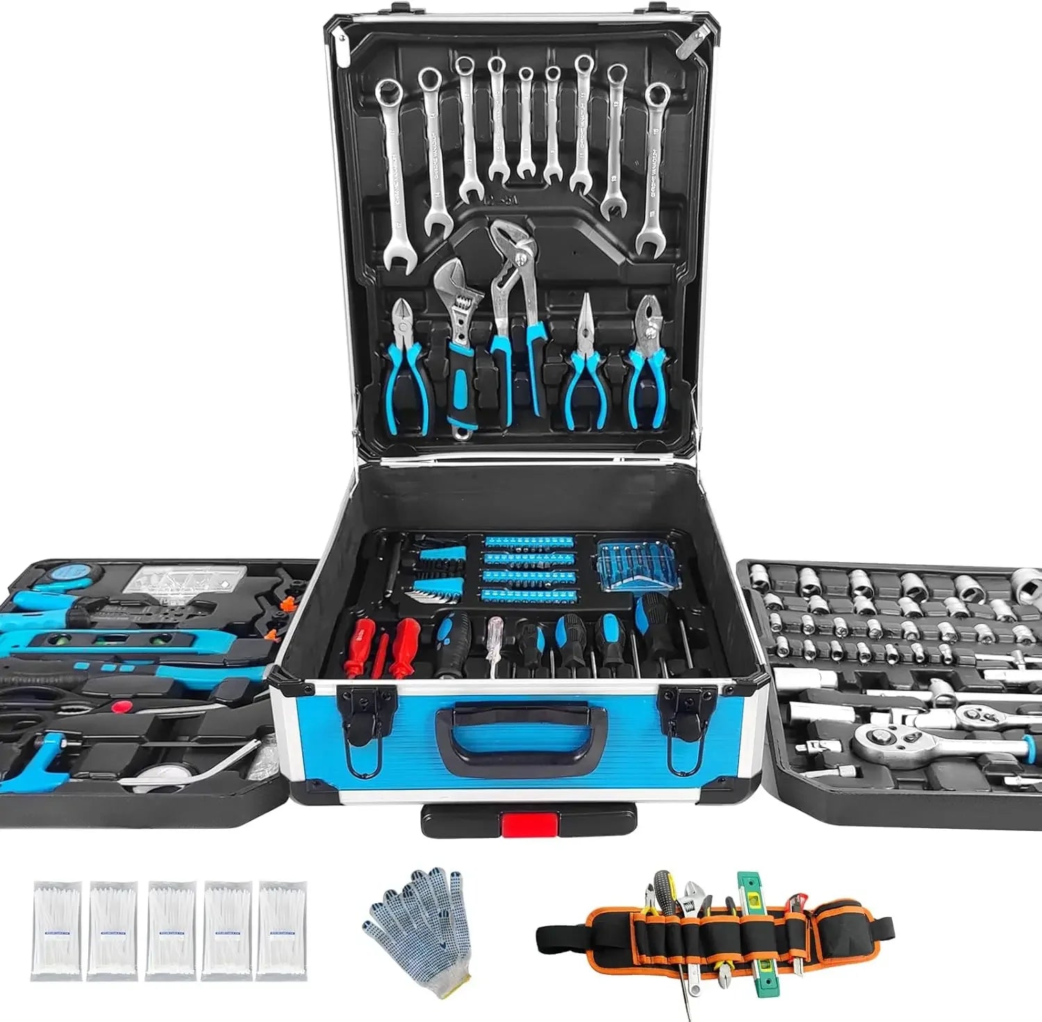 799PCs aluminum trolley case tool set silver, house repair kit set, household hand tool set, with tool belt, gift