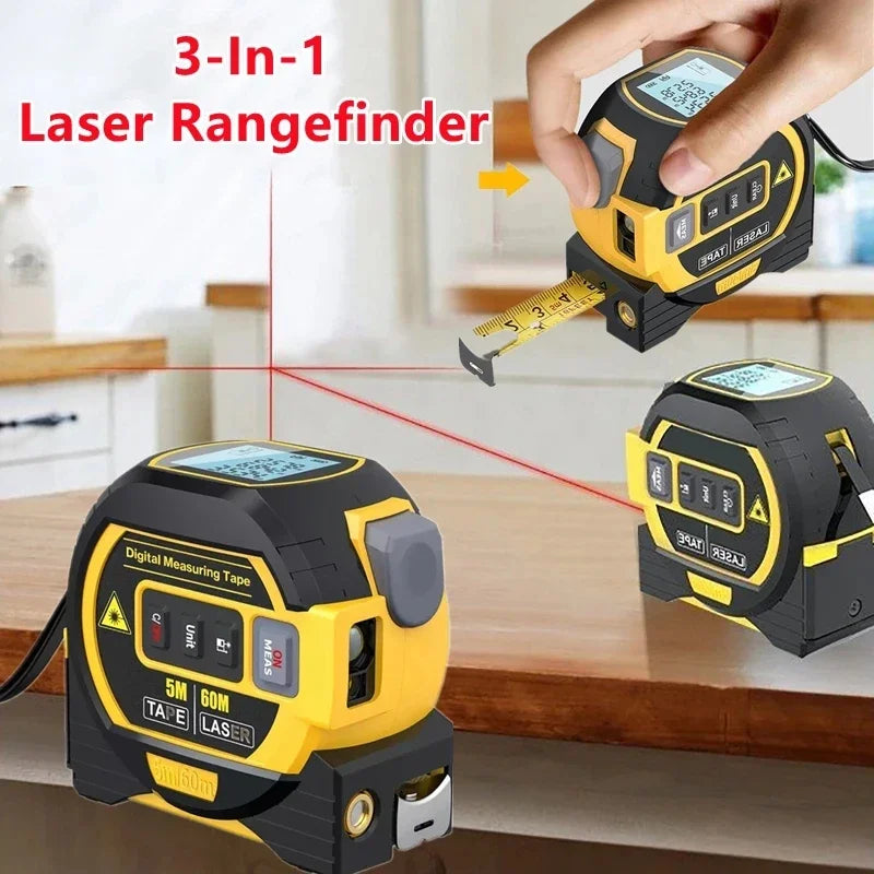 3 in 1 Laser Rangefinder 5M Tape Measure Ruler LCD Display with Backlight Distance Meter Building Measurement Device