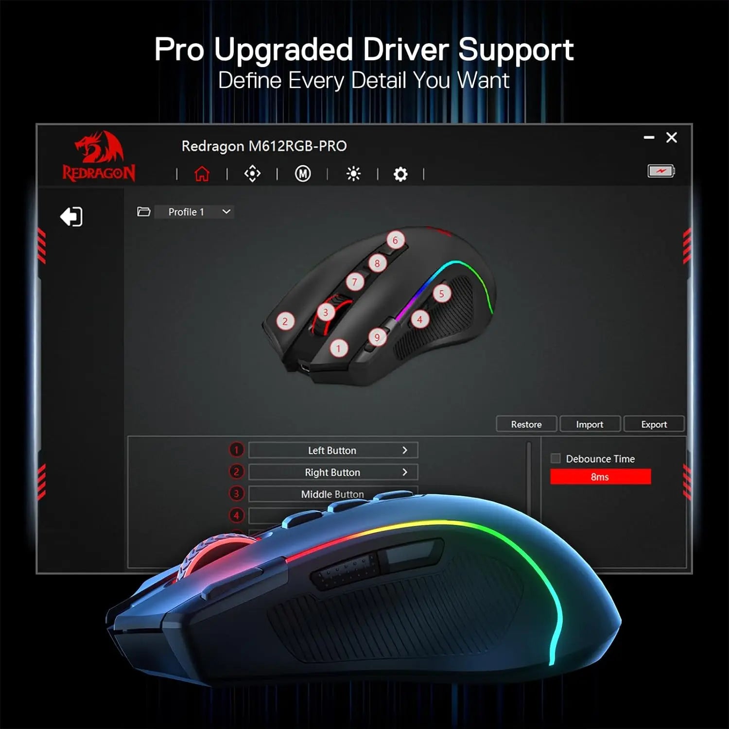 Redragon M612 PRO BT & 2.4 RGB Gaming Mouse – 8000 DPI, Wired/Wireless, 11 Programmable Buttons