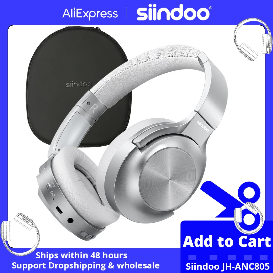 Siindoo JH-ANC805B Wireless Active Noise Cancelling Headphones, Over-Ear, HiFi Stereo, BT 5.3, with Mic