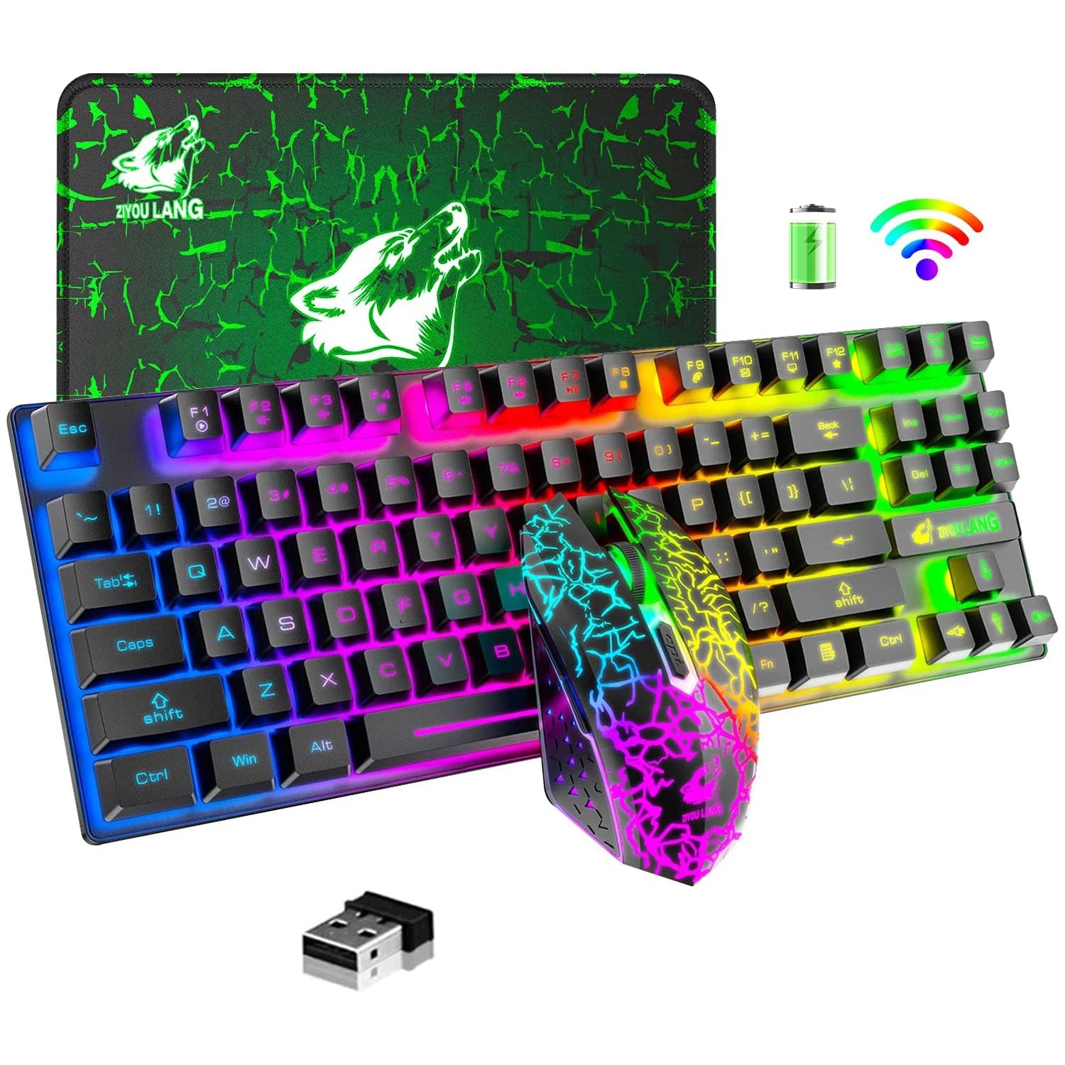 Wireless Gaming Keyboard and Mouse Combo, Rainbow Backlit, Rechargeable 3800mAh Battery, 87 Keys Mechanical Feel