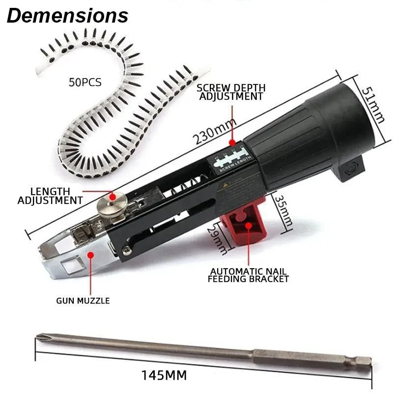 Automatic Screw Driver Chain Nail Gun Adapter Electric Drill Nozzle Woodwork Screw Drive Auto Feed Power Tool Part Attachment