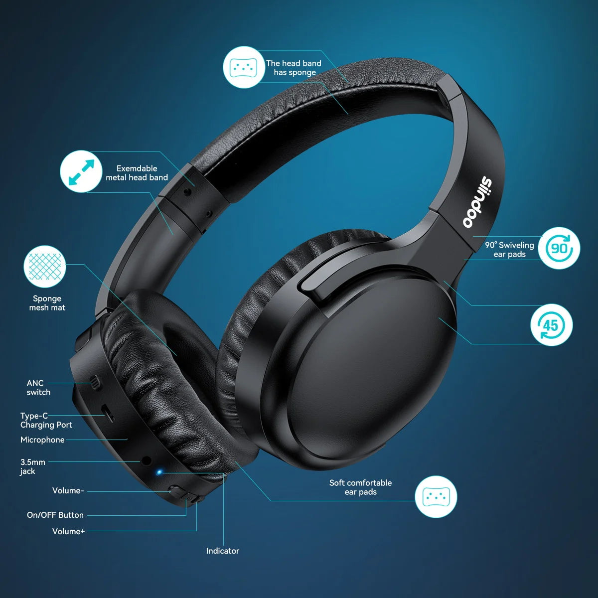 Siindoo JH-ANC918B Active Noise Cancelling Wireless Headphones with Mic