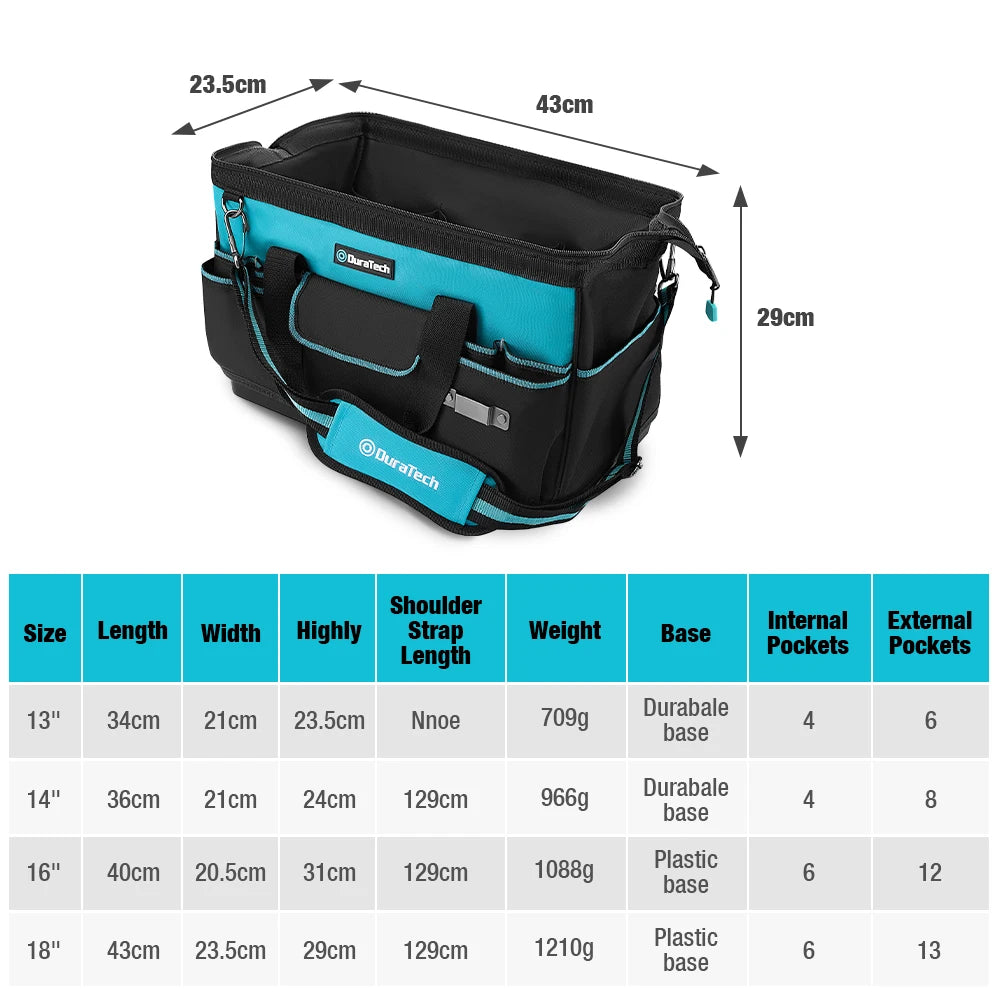 DuraTech 13/14/16/18in Tool Bag with Water Proof Molded Base Portable Electrician Bag Multifunction Tool Organizer for Repair