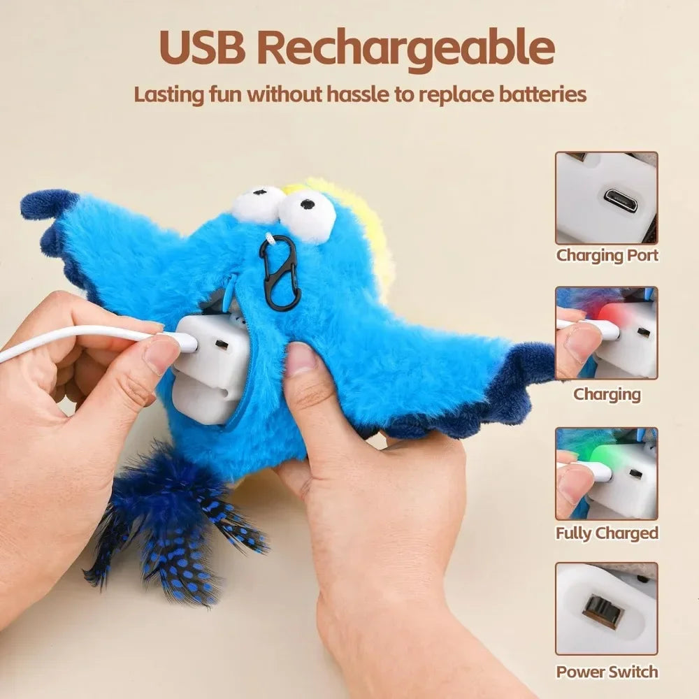 Interactive Cat Toys, Rechargeable Chirping Flapping Bird(no Flying) with Catnip for Indoor Cats, Touch Activated  Plush Toys