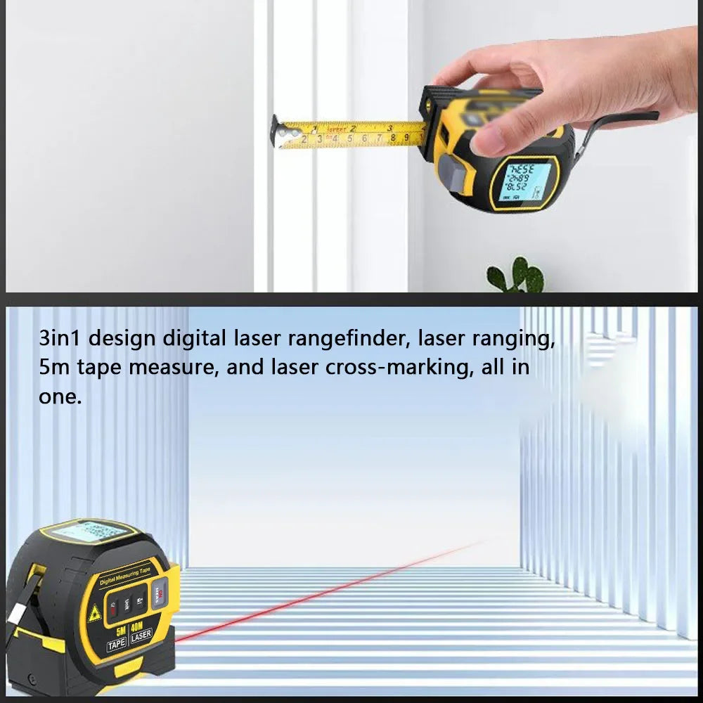 3 in 1 Laser Rangefinder 5M Tape Measure Ruler LCD Display with Backlight Distance Meter Building Measurement Device