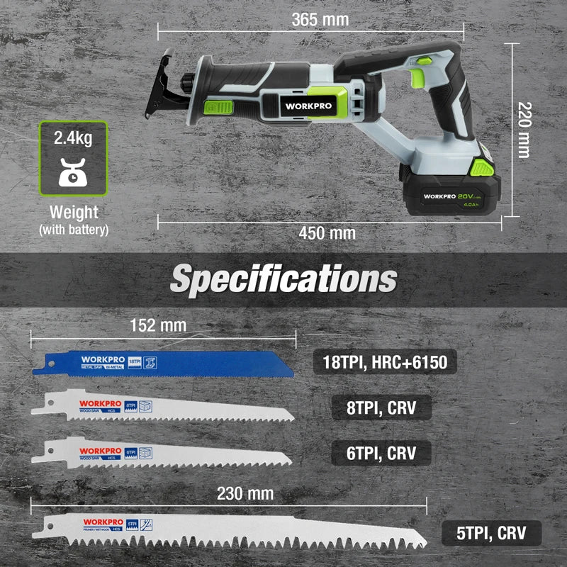 WORKPRO 20V Cordless Electric Reciprocating Saw Cutting Saw Portable Cordless Power Tools For Wood &Metal With 4 Saw Blades Tool