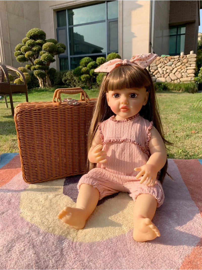 22" Realistic Silicone Reborn Baby Doll with Long Brown Hair