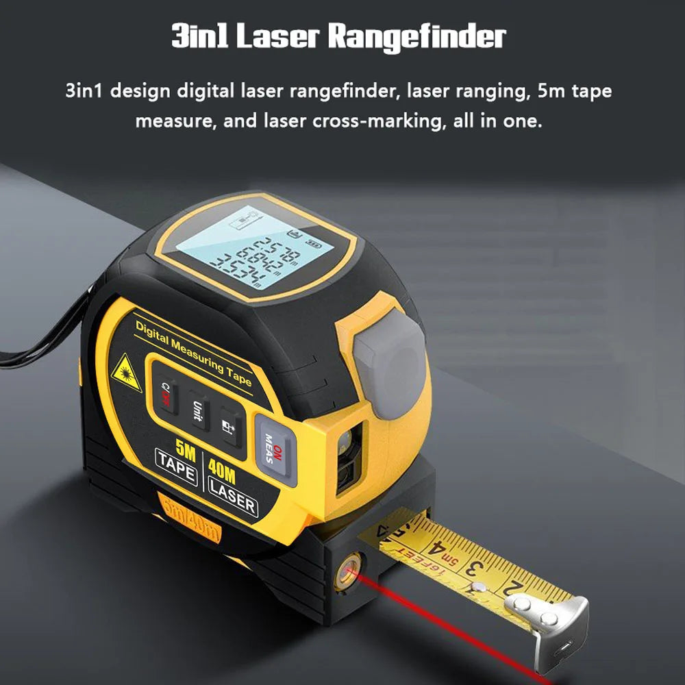 3 in 1 Laser Rangefinder 5M Tape Measure Ruler LCD Display with Backlight Distance Meter Building Measurement Device