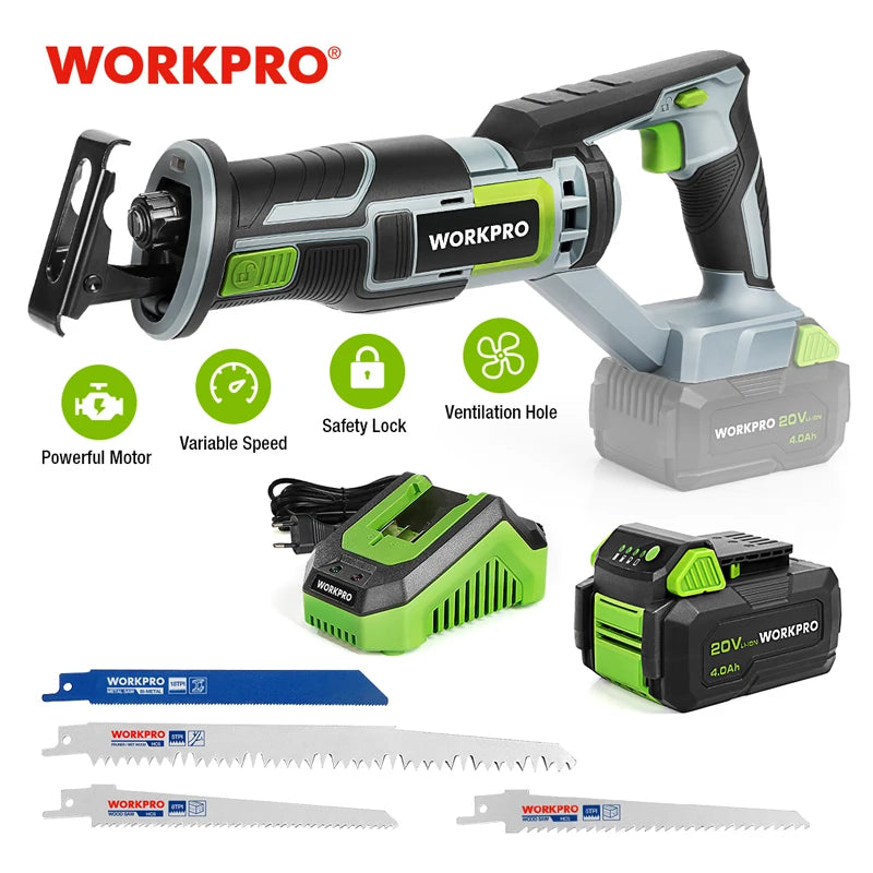 WORKPRO 20V Cordless Electric Reciprocating Saw Cutting Saw Portable Cordless Power Tools For Wood &Metal With 4 Saw Blades Tool