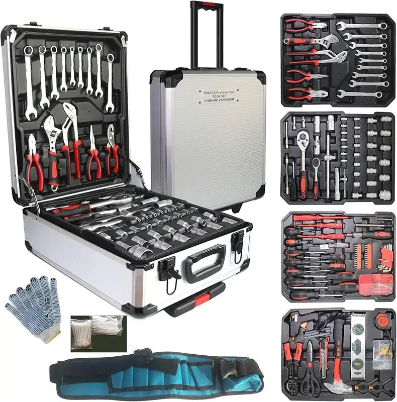 799PCs aluminum trolley case tool set silver, house repair kit set, household hand tool set, with tool belt, gift