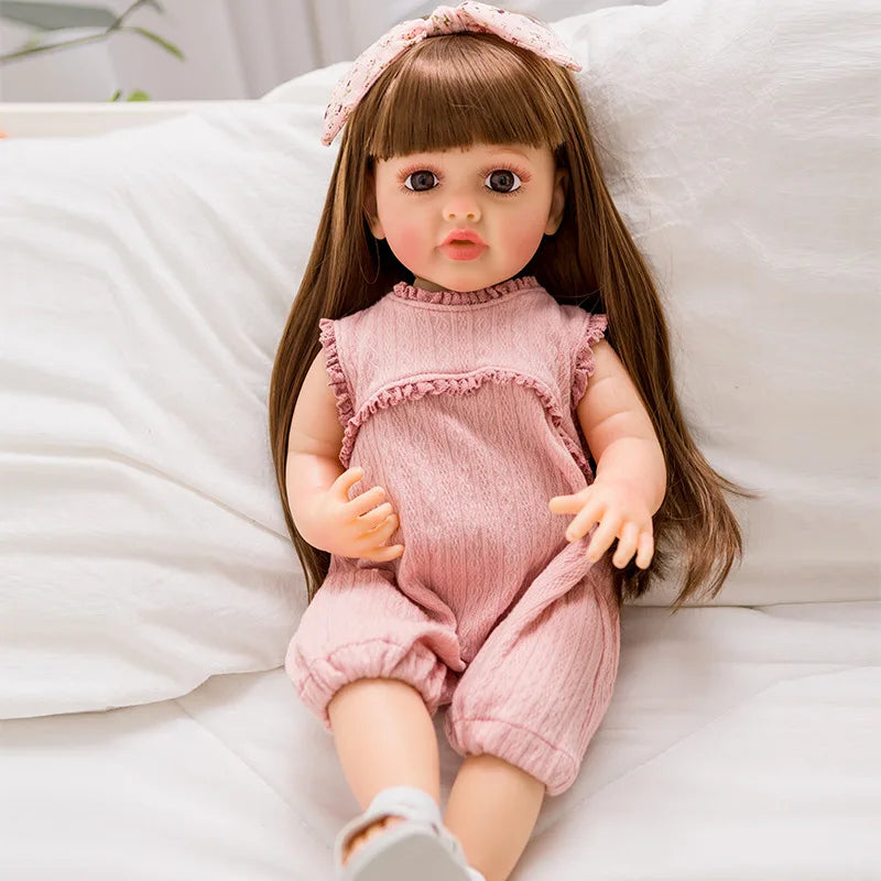 22" Realistic Silicone Reborn Baby Doll with Long Brown Hair