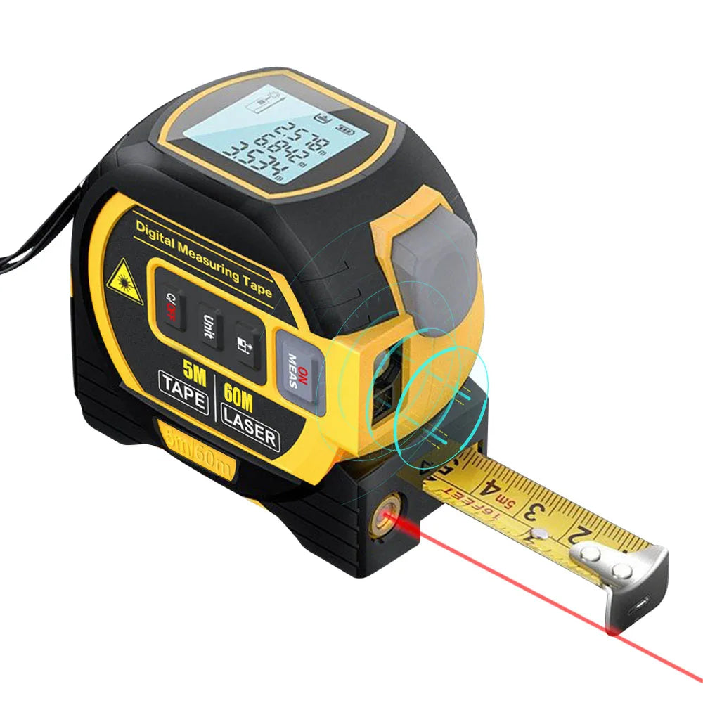 3 in 1 Laser Rangefinder 5M Tape Measure Ruler LCD Display with Backlight Distance Meter Building Measurement Device