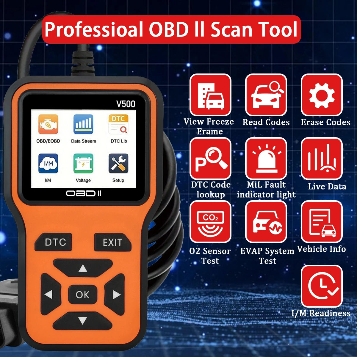 Car OBD2 Scanner Diagnostic Tool Code Reader, Car Voltage Tester Engine Fault Code Scanner, Charging Tester Diagnostic Tool V500