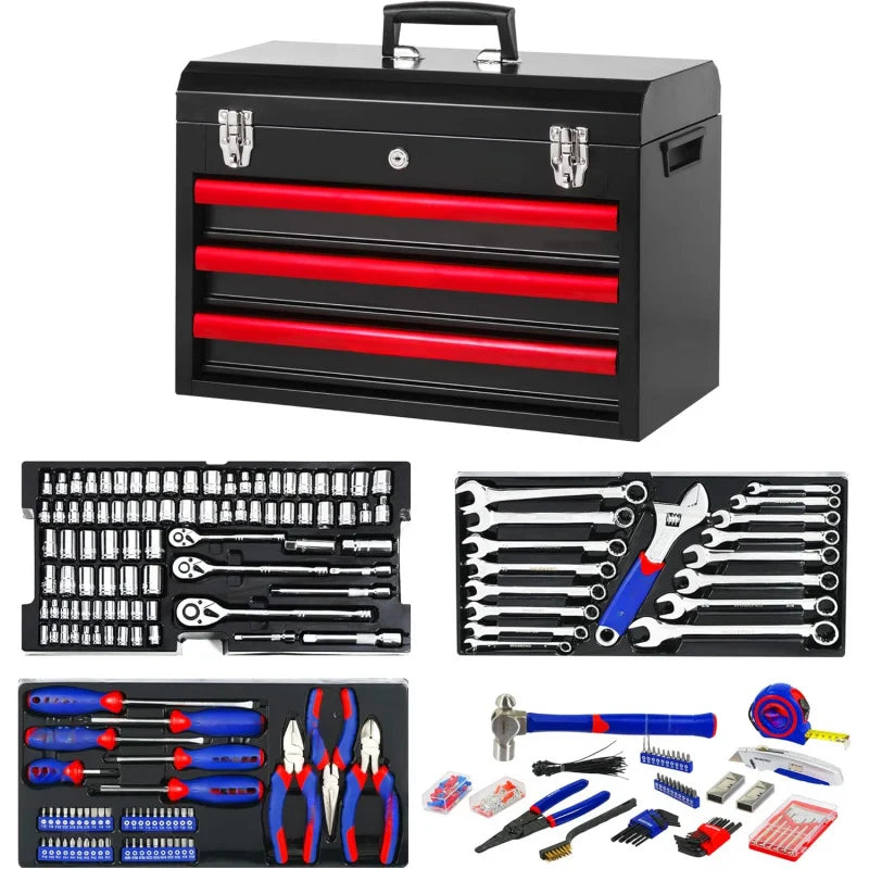 408 Mechanical Tools Suit,Universal Household Maintenance Tools Kit,Belt 3 One Drawer Heavy Duty Metal Box,Hand Tool Kit Suit