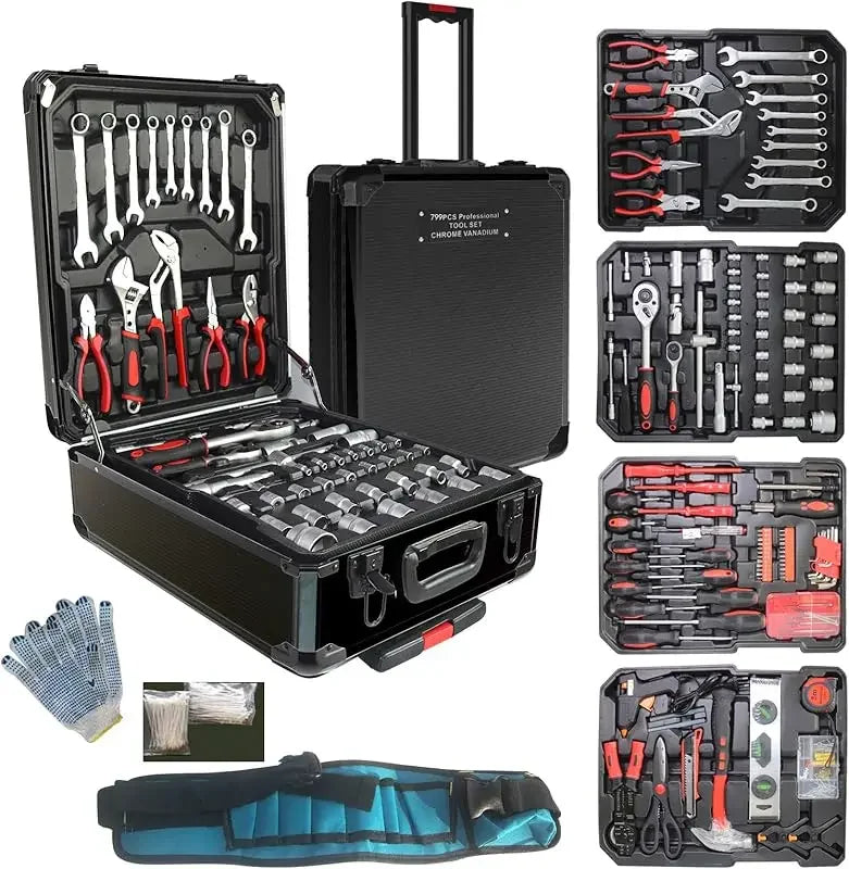 799PCs aluminum trolley case tool set silver, house repair kit set, household hand tool set, with tool belt, gift