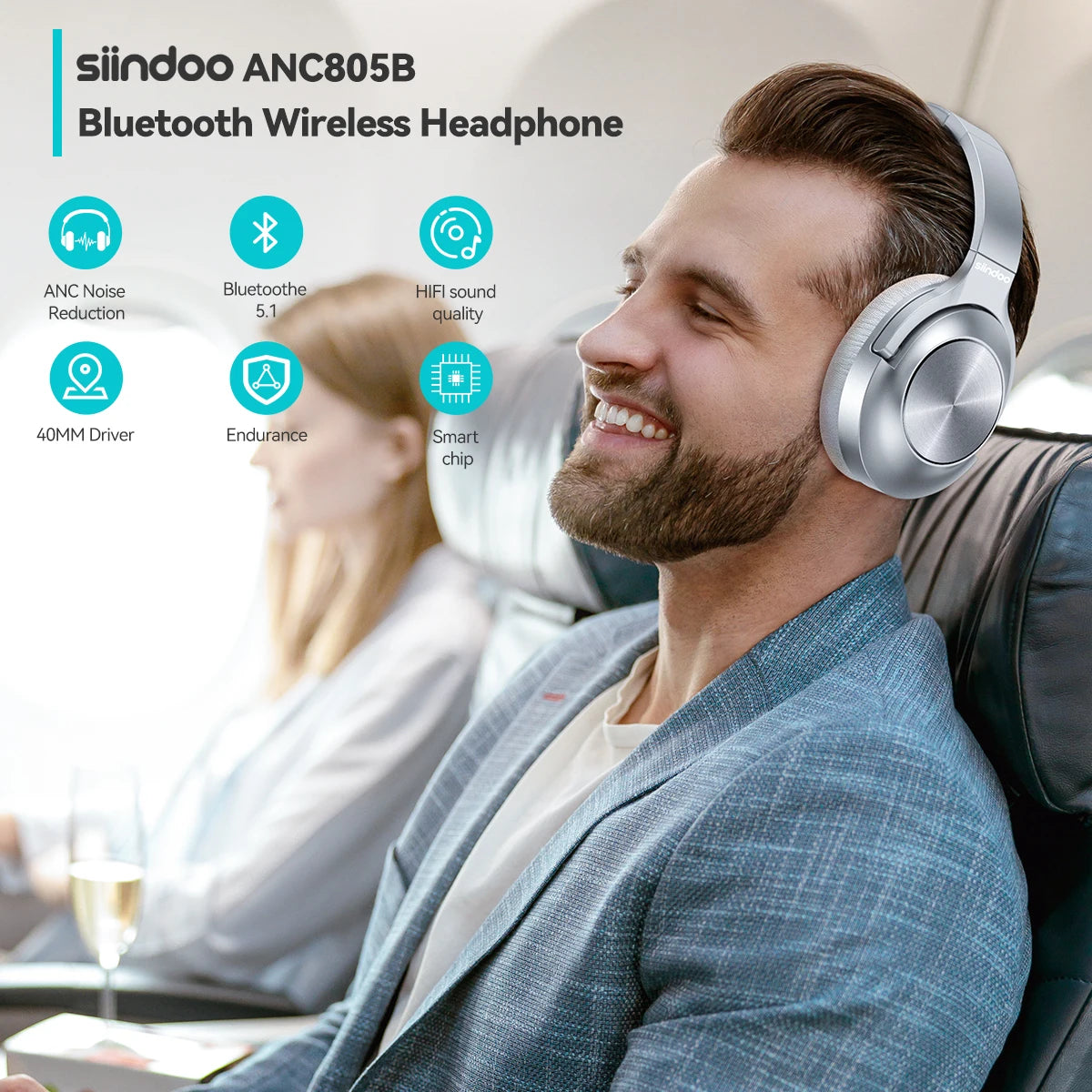 Siindoo JH-ANC805B Wireless Active Noise Cancelling Headphones, Over-Ear, HiFi Stereo, BT 5.3, with Mic