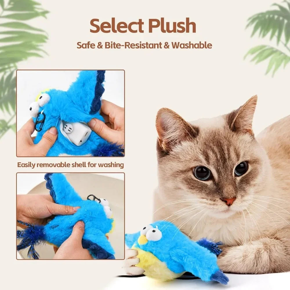 Interactive Cat Toys, Rechargeable Chirping Flapping Bird(no Flying) with Catnip for Indoor Cats, Touch Activated  Plush Toys