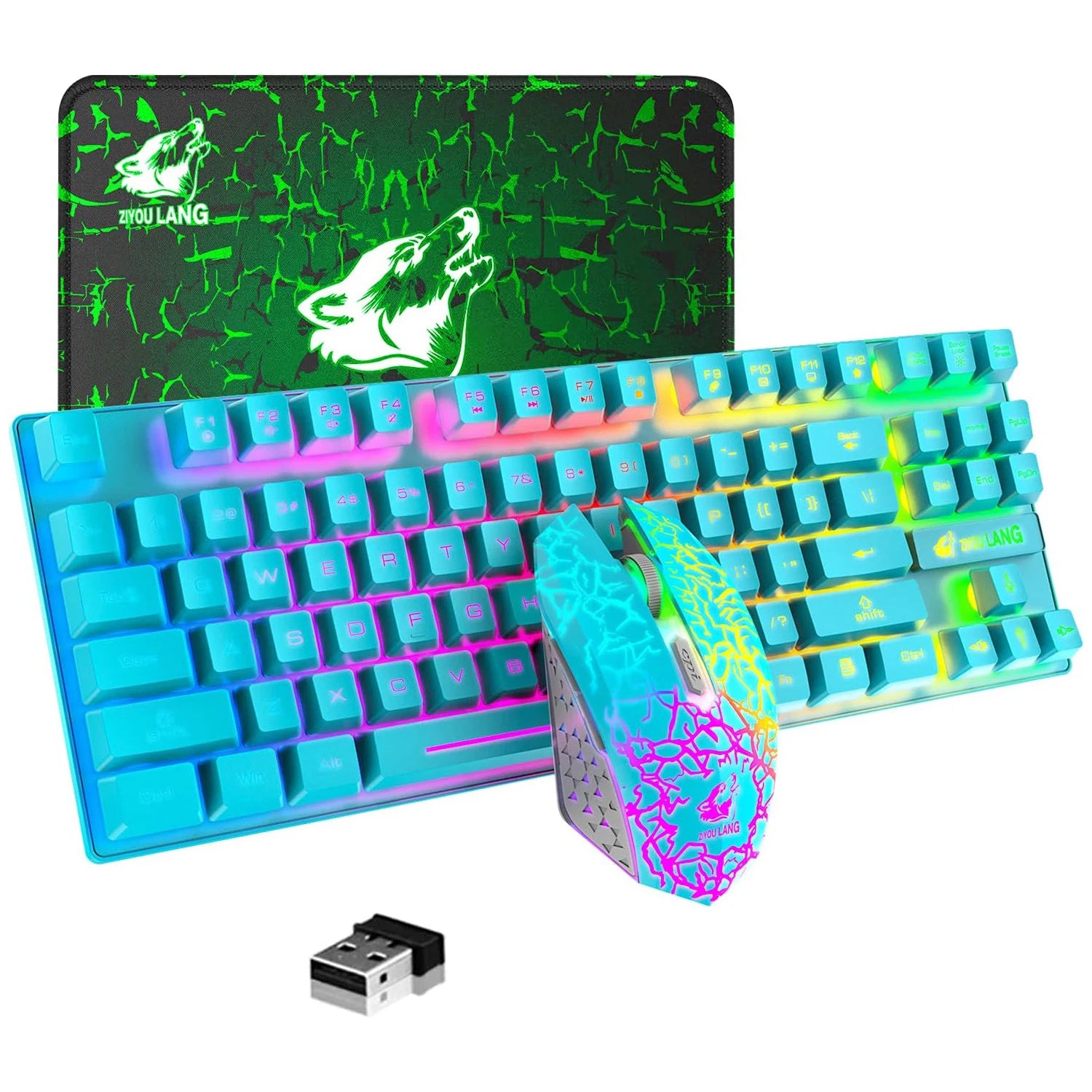 Wireless Gaming Keyboard and Mouse Combo, Rainbow Backlit, Rechargeable 3800mAh Battery, 87 Keys Mechanical Feel