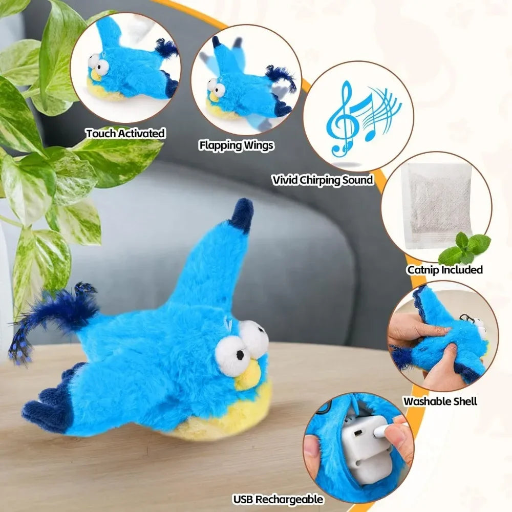 Interactive Cat Toys, Rechargeable Chirping Flapping Bird(no Flying) with Catnip for Indoor Cats, Touch Activated  Plush Toys