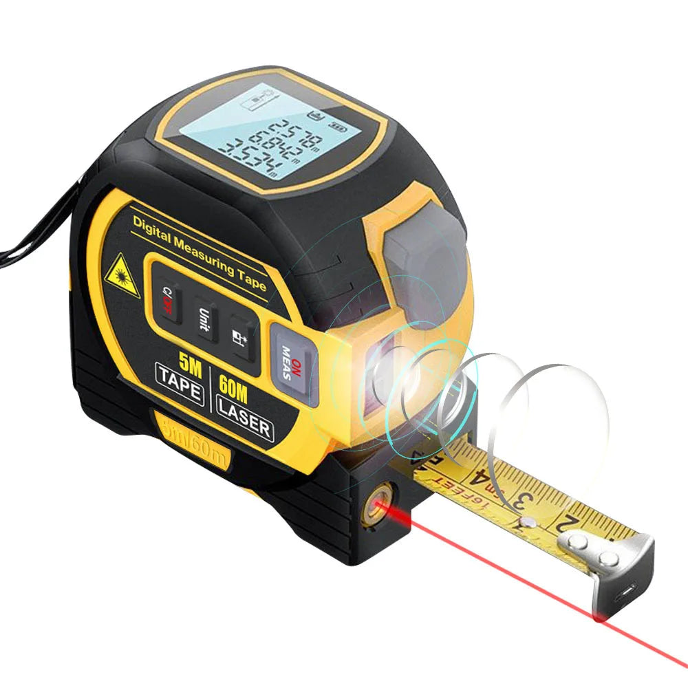 3 in 1 Laser Rangefinder 5M Tape Measure Ruler LCD Display with Backlight Distance Meter Building Measurement Device