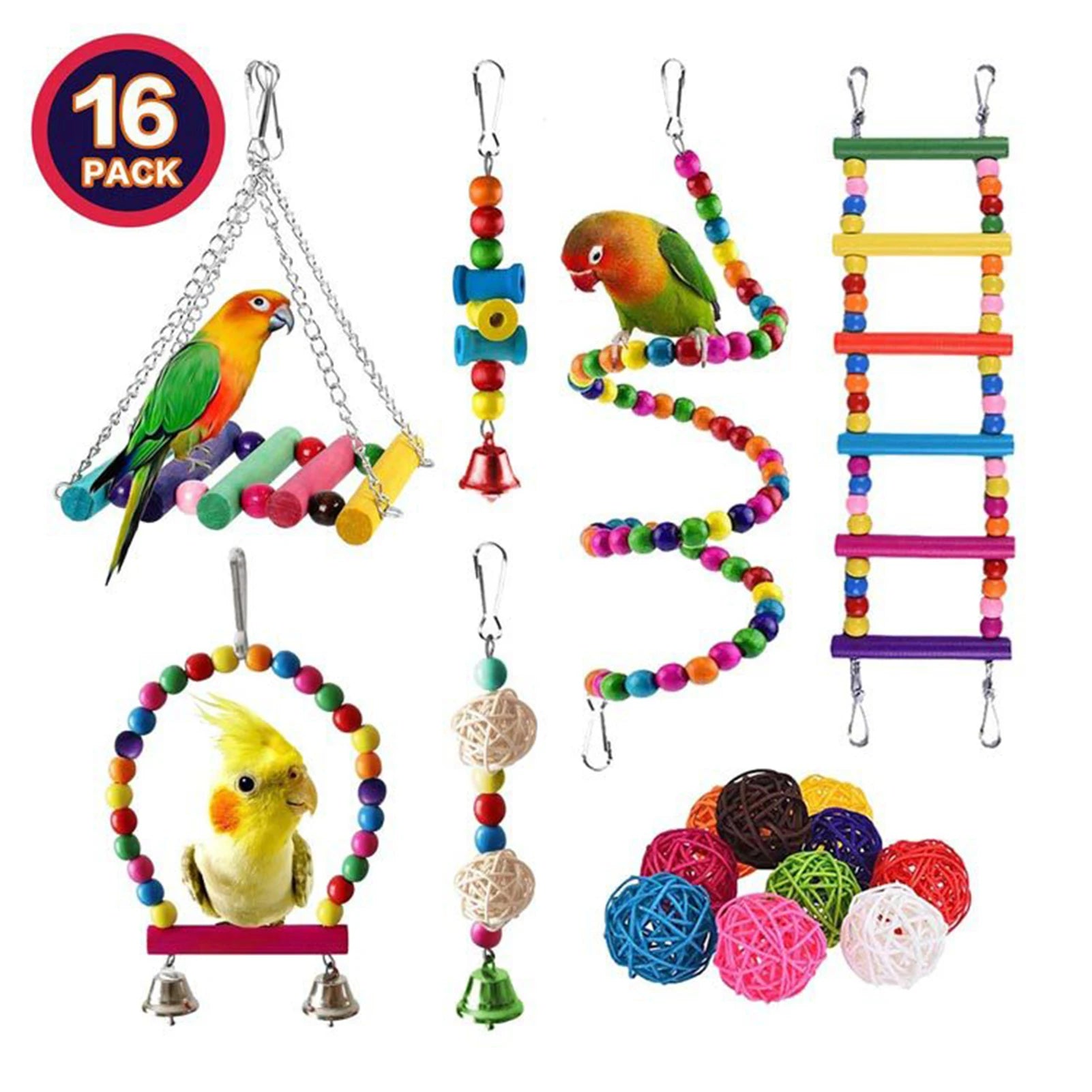 16 Packs Toy Set for Parrots Variety of Toys for Bird Cage Accessories Safe and Durable Bird Toys for Cockatiels Parakeets