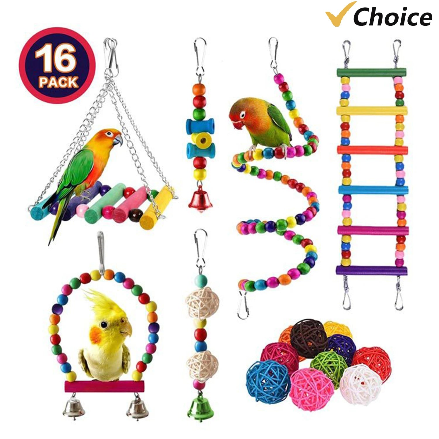 16 Packs Toy Set for Parrots Variety of Toys for Bird Cage Accessories Safe and Durable Bird Toys for Cockatiels Parakeets